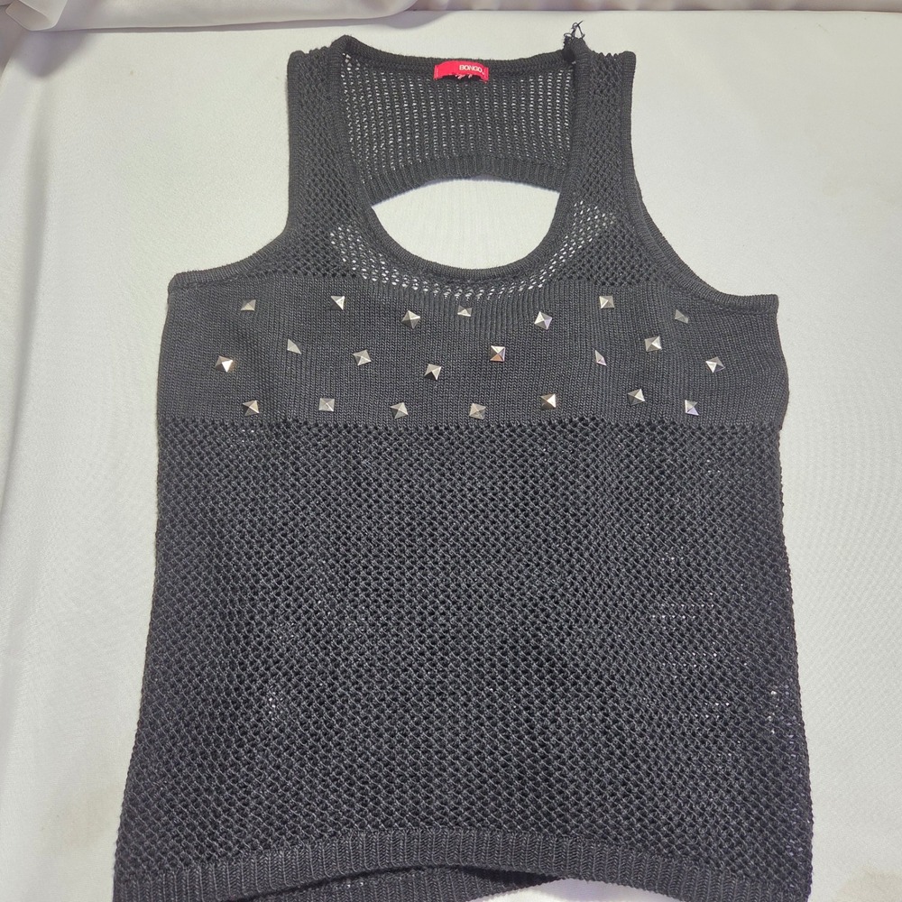 Bongo Black Studded Mesh Knit Tank Top Cutout Back Punk Goth Sleeveless Top